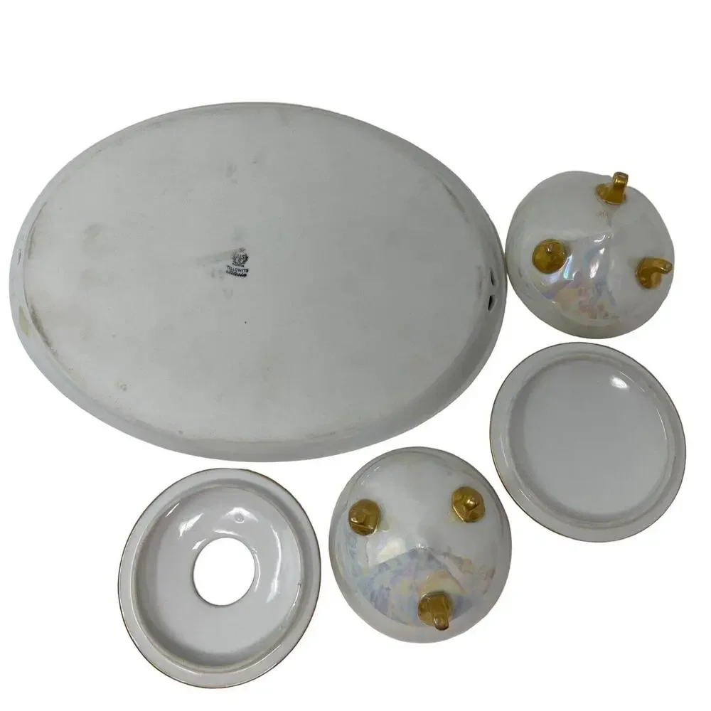 RS Tillowitz Silesia Dresser Set Opalescent Footed Hair Receiver Powder Jar Tray